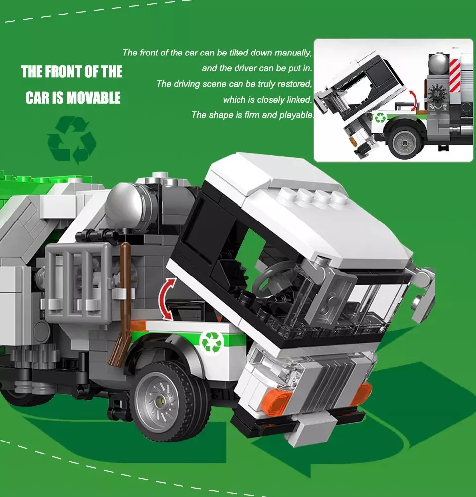 City Technical Sanitation Garbage Truck Car Vehicle Building Blocks MOC Cleaning Car Model Assemble Bricks Toy For Kids