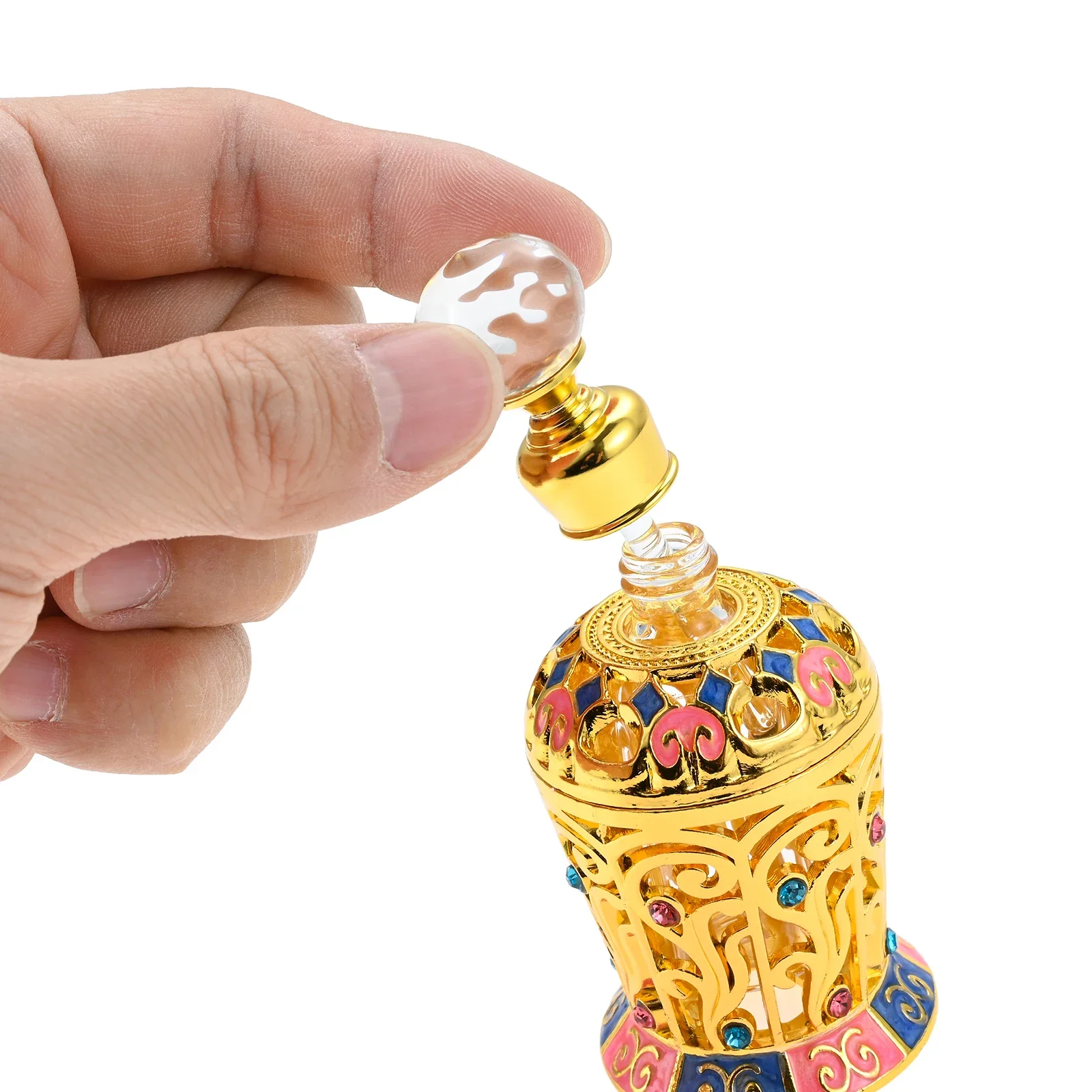 1pc 12 מ ל בושם בקבוק זכוכית openwork אמייל בעבודת יד ריק פרחים תכשיטים ריקים כובע זהב צנצנת זהב חיוני שמן תפאורה מתנות