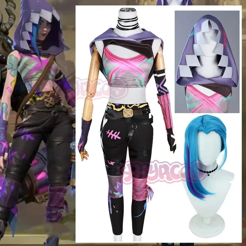

Game LOL Season 2 Jinx Cosplay Costume LOL Jinx Sexy Uniform Halloween Women Combat Outfits New Skin Wig Accessories Women Men