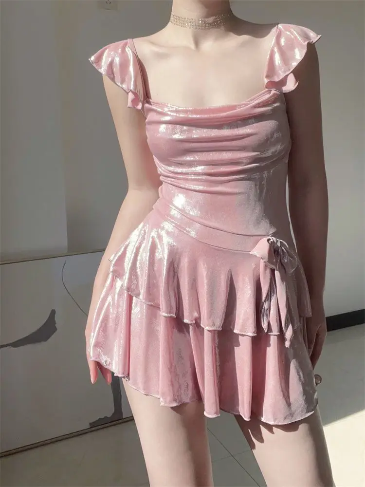 Flattering Shiny Pink Swimwear Women Ruched Tankini Top with Skirt Bottom Tummy Control Bathing Suit Summer Beach Outfits view 3
