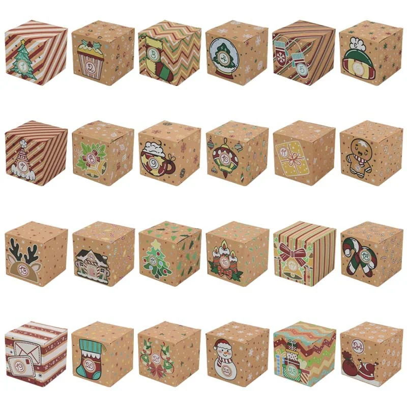 24PCS Christmas Advent Calendar Candy Box Santa Countdown Kraft Paper Gift Box 24 Digits Christmas Gift Packaging Paper Box
