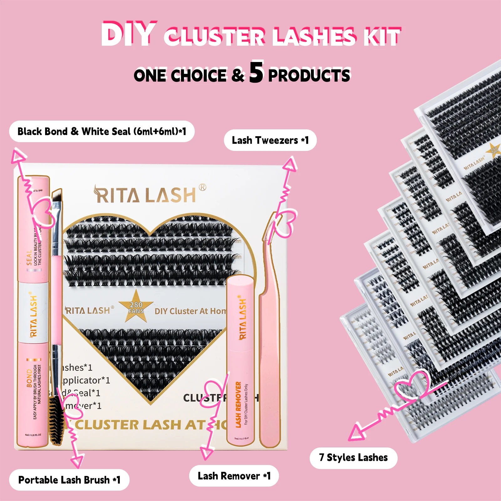 Ritalash DIY Wimpern verlängerung skit, 280 Stück Wimpern cluster mit Wimpern bindung und Versiegelung, Mascara Brush Cluster Wimpern kleber entferner, Wimpern ap
