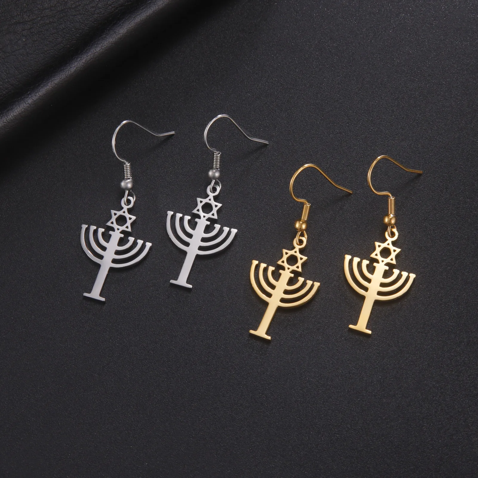 Stainless Steel Earrings for Women Hypo-Allergenic Mini 7 Candle Stick Menorah with a Star of David Earring for Hanukkah 24*16mm