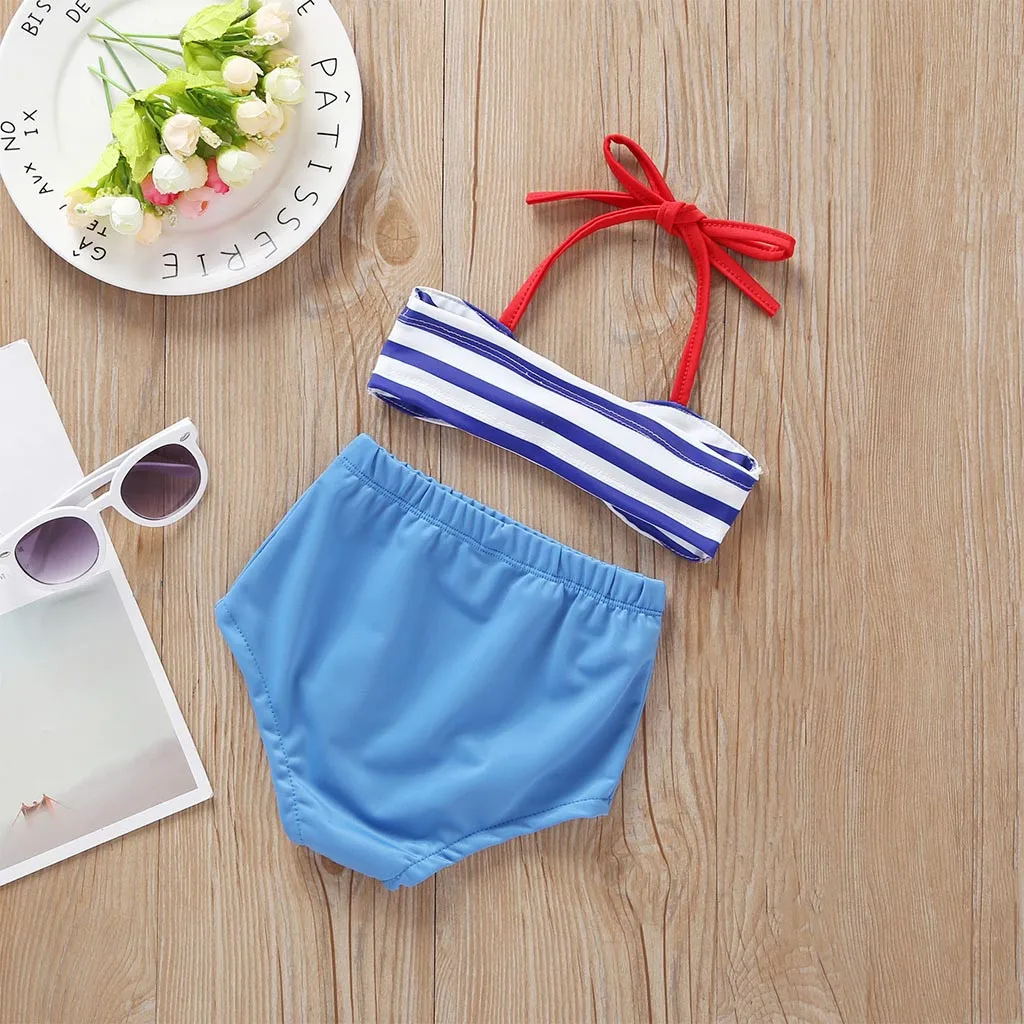 1-5y 2pcs Newborn Baby Girls Swimwear Bathing Suit Cute Casual Bow Striped Tankini Bikini Kids Swimsuit Baby Beachwear Clothing