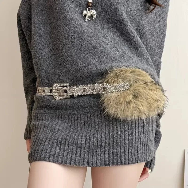 

Панк-субкультура, блестящий ремень с пайетками для женщин с украшением из искусственного меха, зимний женский ремень из искусственной кожи с заклепками и цирконием Y2K