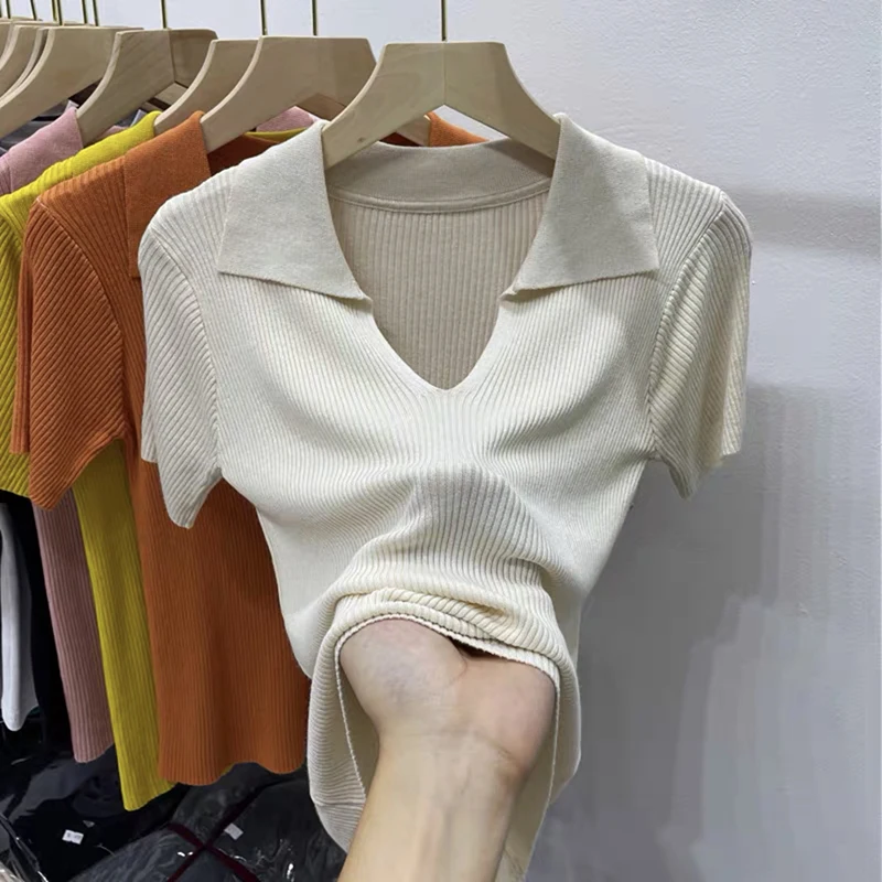 Knitting T Shirts Women Turn-down Neck Short Sleeve Slim Tops Female Solid Basic Ribbed Casual Summer Fashion Tee Shirt Femme