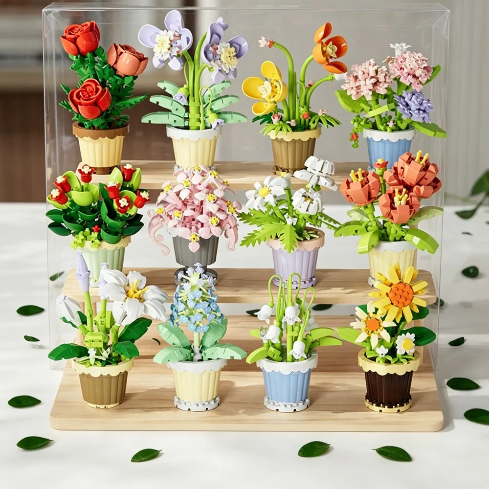 Micro Particle Building Blocks Potted Plant Assembly Bricks Desktop Bonsai Ornament Rose Succulent Flower Bouquet Relief Gift