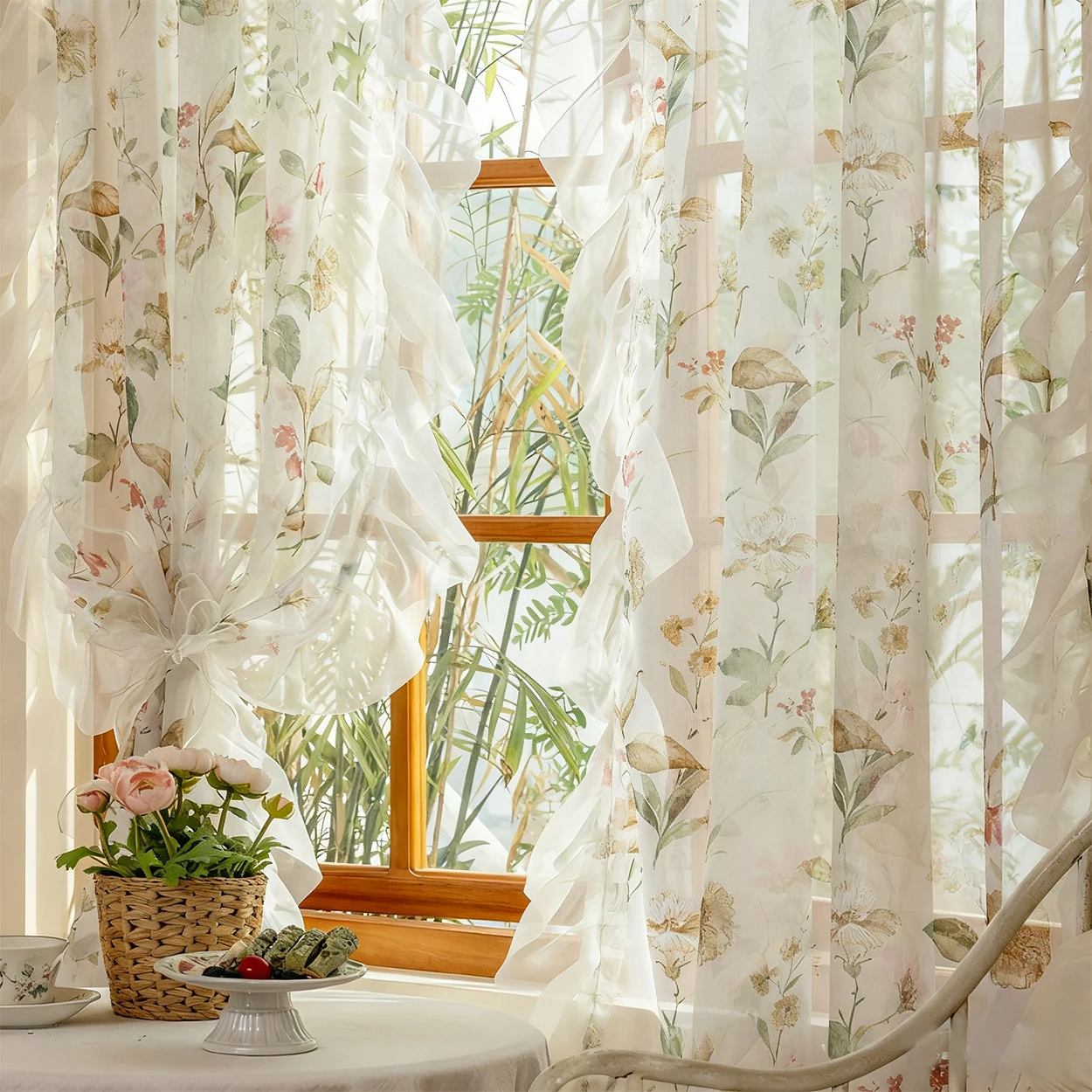 1Pc Spring New Camellia Floral Ruffled Sheer Curtain, American Country Style Versatile Window Curtain Suitable for Bedroom, Balcony, Bay Window, Living Room, French-Style Decorative Door Curtain, Partition Curtain