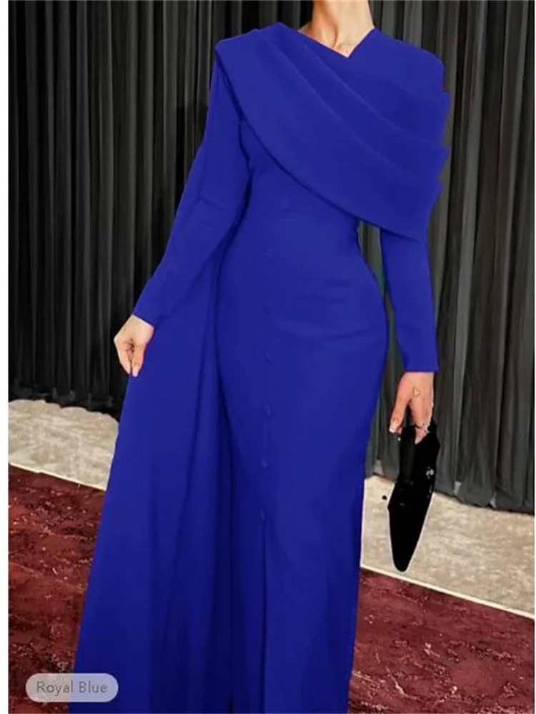 Sheath Black Dress Evening Gown Elegant Cape Dress Formal Fall Sweep Train Long Sleeve Cowl Neck Stretch Fabric with Buttons
