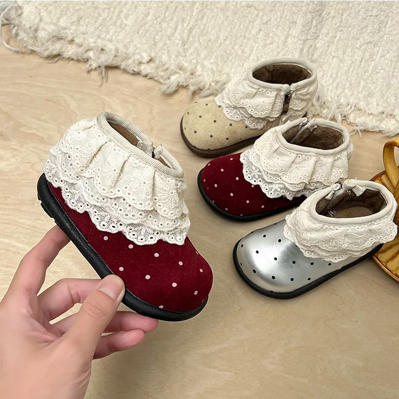 

Children Short Boots for Girls 2025 Winter New Fashion Korean Style Soft Bottom Anti-slippery Versatile Princess Baby Lace Shoes