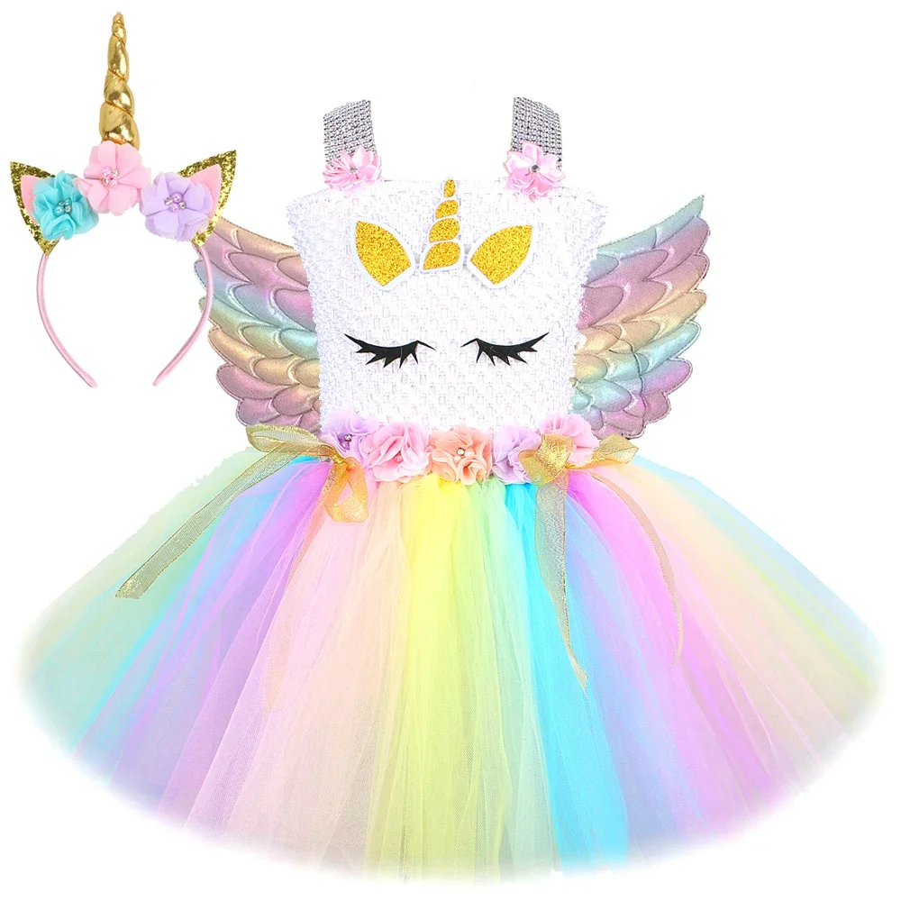 

Pastel Flower Unicorn Costumes for Girls Ballet Tutu Dress with Wings Hair Bow Holloween Carnival Outfit Children Clothes