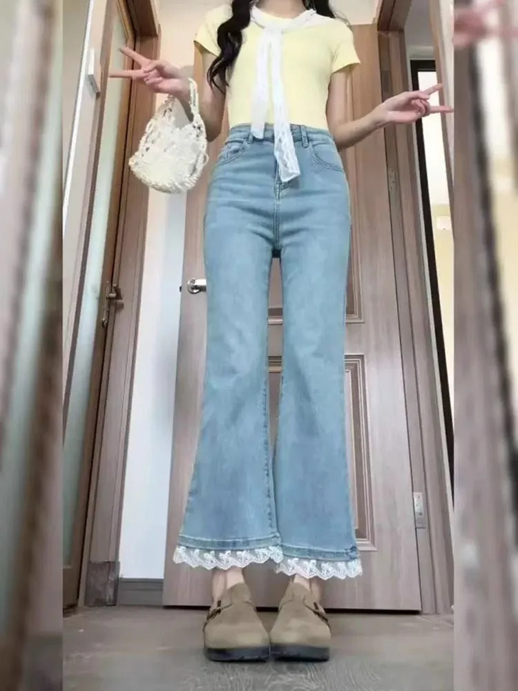 

High Waist Slimming Straight Leg Micro Flared Jeans Women's Retro Elastic Nine-Piece Denim Pants Spring plus Size Tailored Wear