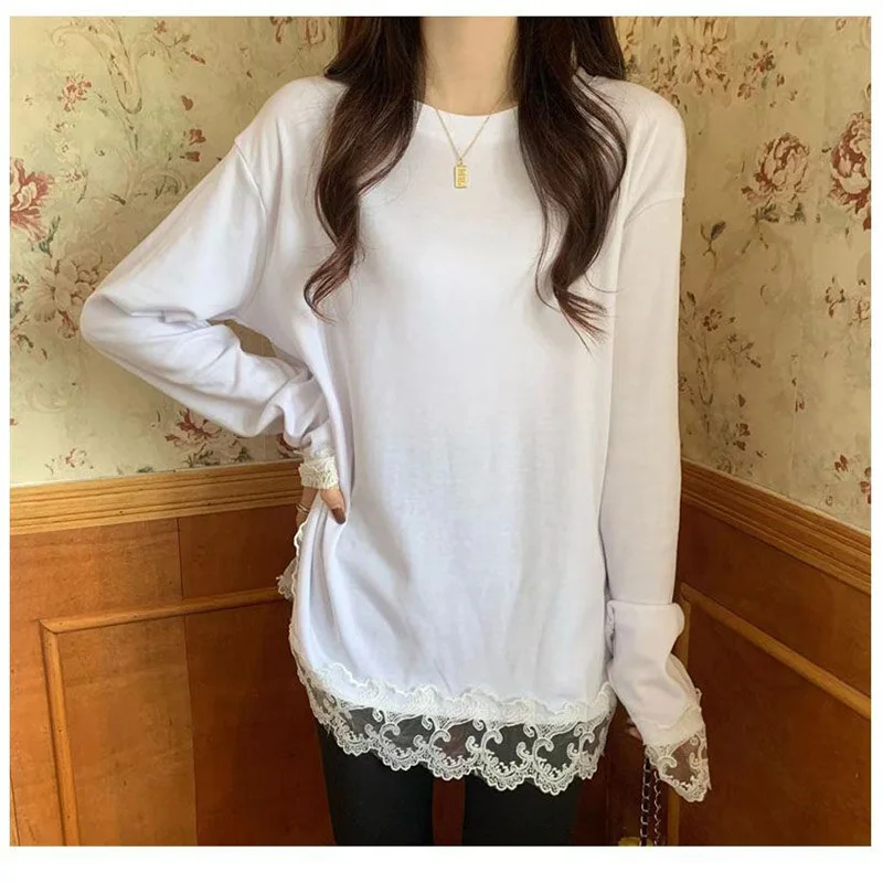 Stylish O-Neck Spliced Loose Ruffles Lace T-Shirt Women's Clothing 2022 Autumn New Oversized Casual Pullovers All-matc Tee Shirt