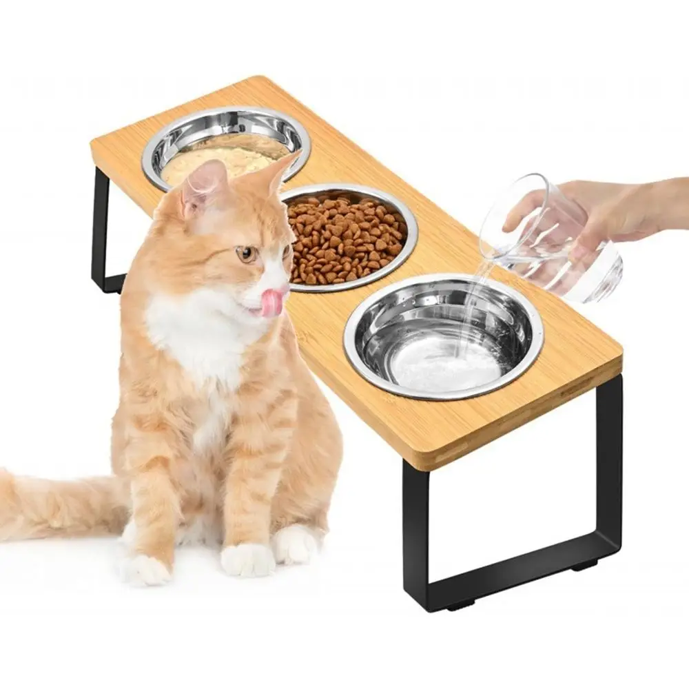 Mangkuk Kucing Kayu Anti Selip Berdiri Piring Makan Air Anjing Anti Bocor Anti Bocor dengan 3 Mangkuk Mangkuk Hewan Peliharaan Yang Ditinggikan untuk Memberi Makan Hewan Peliharaan