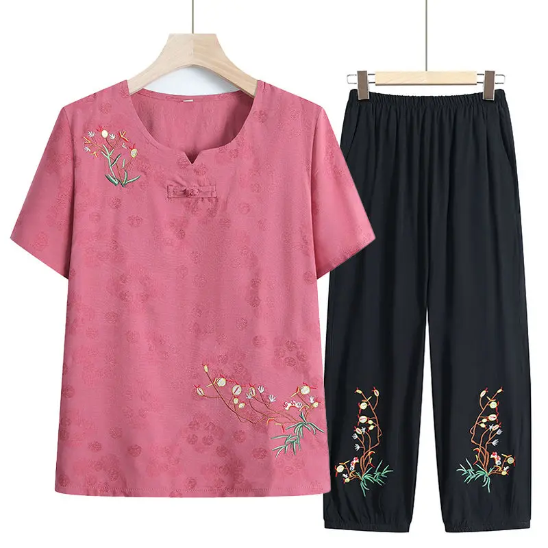 2pcs/Set Women T-shirt Pants Homewear Set Loose Two-piece Floral Animal Print Sleepwear Set Middle-aged Z189