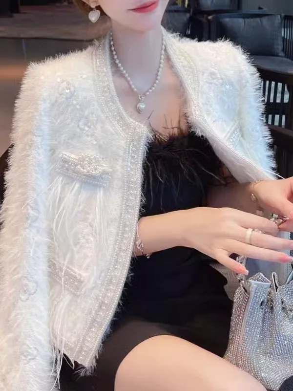 

Ele Heavy Work Mink ort Jaet White Thiened Sequin Pearl Open Cardigan Top for Lady Commute Straight Cut Winter Coat