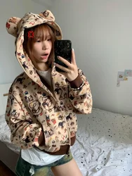 ADAgirl Amerikaanse Retro Grappige Beer Oren Capuchon Kawaii Hond Print Zip Up Sweatshirt Vrouwen Herfst Cutecore Rits Cropped Kleding