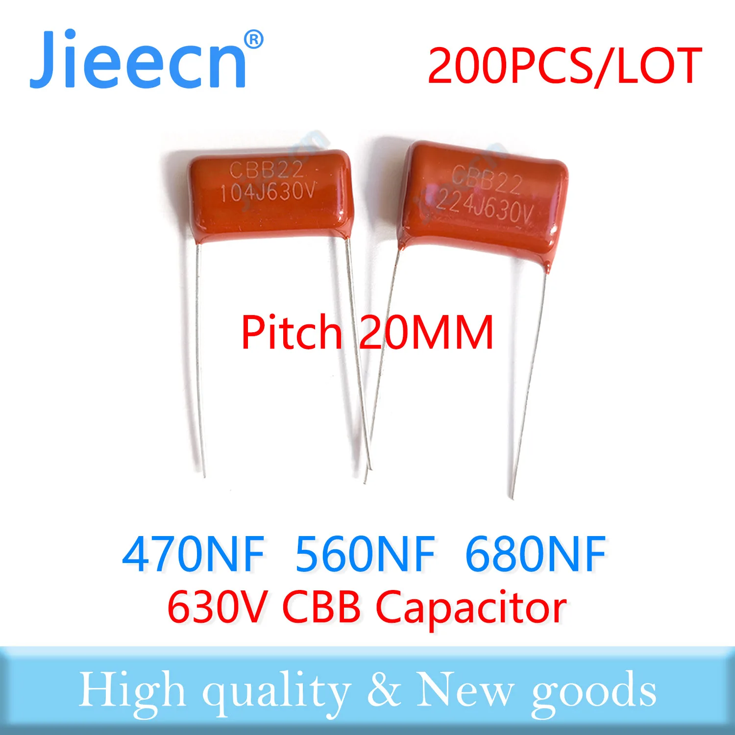 Jieecn 200PCS 630V 20MM 470NF 560NF 680NF 474J 564J 684J CBB Polypropylene Film Capacitor High Quality
