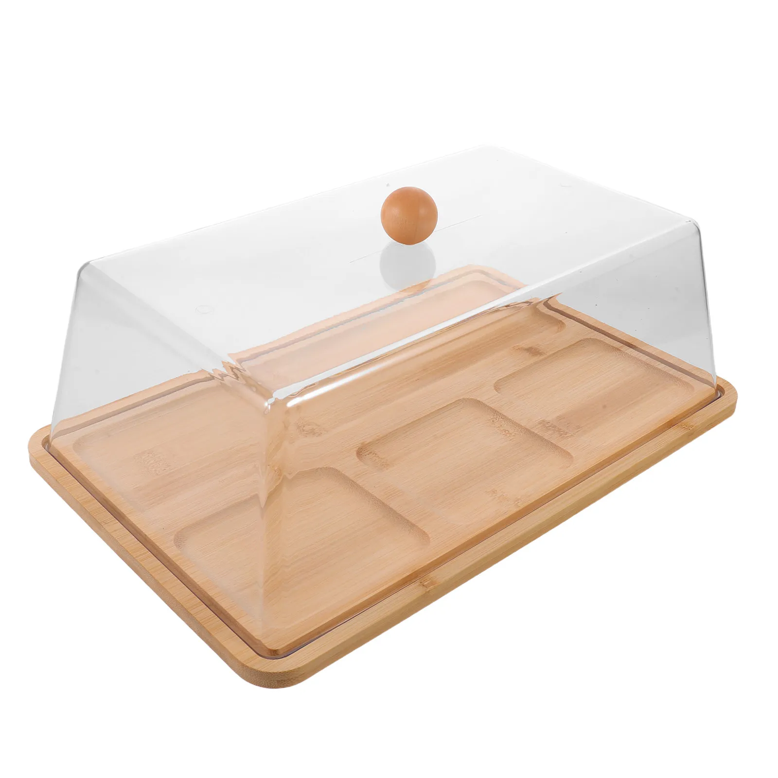 Bamboo Charcuterie Board with Lid 14 Inch Rectangular Cake Holder Transparent Acrylic Dome Food Display Tray for Wedding Dessert