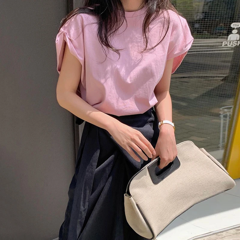 Conjunto de mujer con cseta de manga corta con cuello redondo, Color sólido, hoado y versátil, con cinturón, falda d...