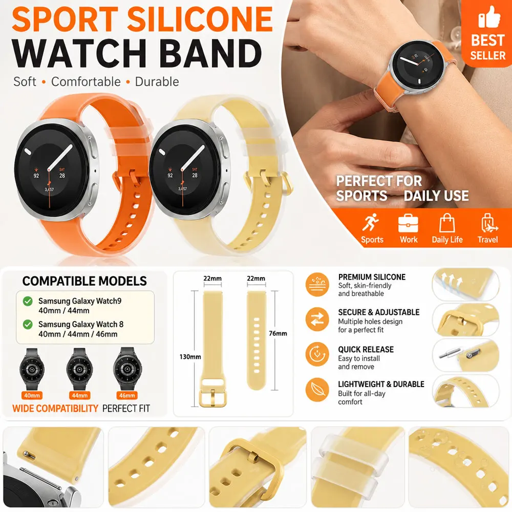 Silicone Watch Band for Samsung Galaxy Watch 9 8 40mm 44mm 46mm Strap Sport Wristband Replacement Breathable Durable Bracelet