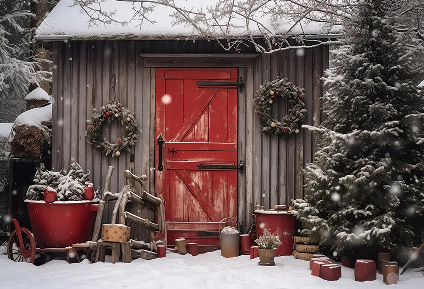 Mehofond-عيد الميلاد الأحمر الحظيرة خلفية الباب ، ريفي لوحة خشبية ، شجرة عيد الميلاد ، الأسرة ، عطلة الاطفال ، صورة التصوير الفوتوغرافي ، خلفية الدعامة