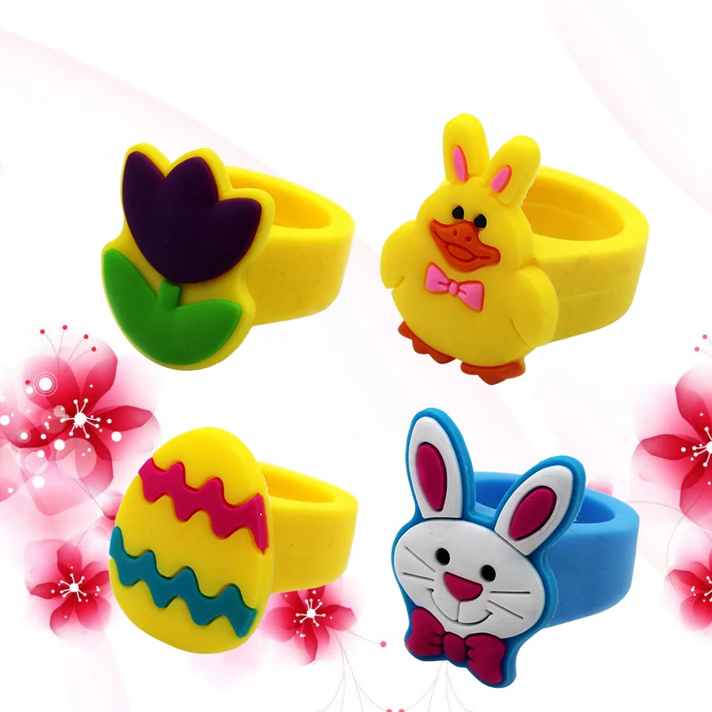 10 Buah Cincin Kartun PVC Desain Warna-warni Hadiah Ulang Tahun Permainan Peran Berpura-pura Perhiasan untuk Anak Perempuan Hadiah