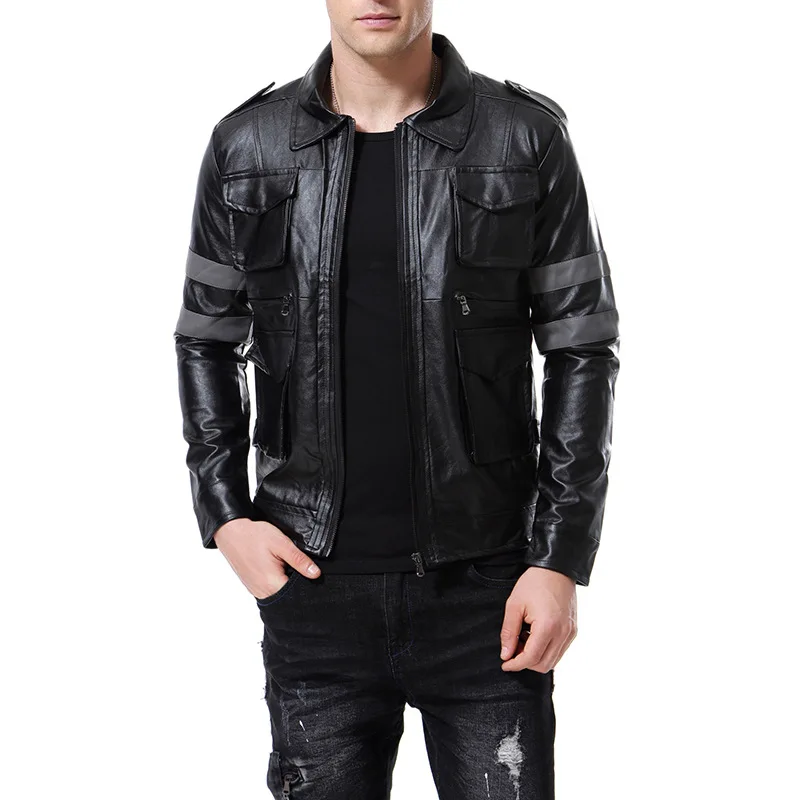 Men's PU Short Leather Jacket, Polo Neck, Slim Fit, Motorcycle Punk, Quality Coat, Business, Fashion, Autumn, 2024