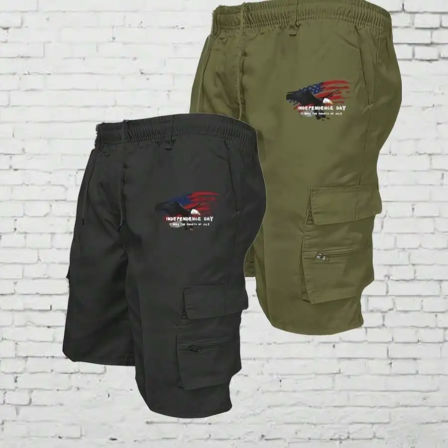 

2-Pc Men'S Solid Color Independence Day Themed Print Cargo Shorts Outdoor Hiking Adventure Multi-Pocket Utility Shorts
