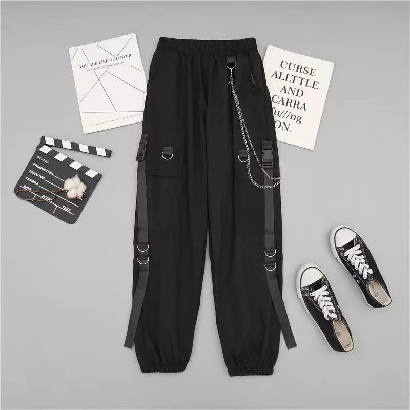 New Men Streetwear Two-piece Suit Splice Chain Long Sleeve+Ribbon Chain Pants Harajuku Cargo Pants 2 Piece Sets Mens Outfits