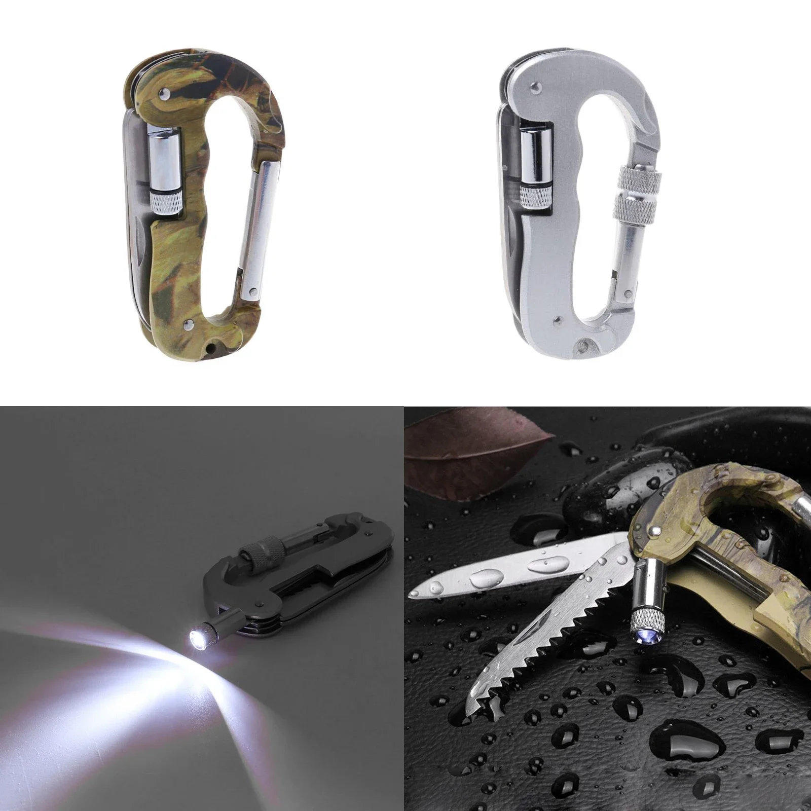 

Camouflage Mountaineering Buckle Outdoor EDC Multi Tool Tactical Camo Camping Climbing Carabiner Hook Knife LED Carabiner Clip