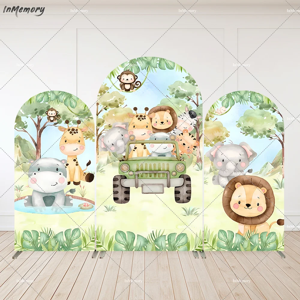 خلفية غطاء قوس لاستحمام الطفل من Jungle Party Wild One لمستلزمات أعياد الميلاد للأولاد وخلفية شاحنة حيوانات كرتونية وجدار كيارا