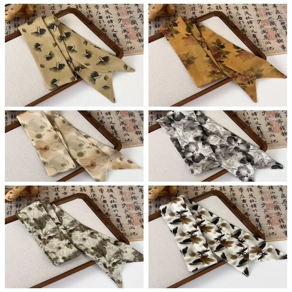 Bufanda de seda larga elegante con pintura de tinta, cinta para el pelo, pañuelo largo de seda, bufanda estampada, tocado, banda para el pelo antigua para mujer