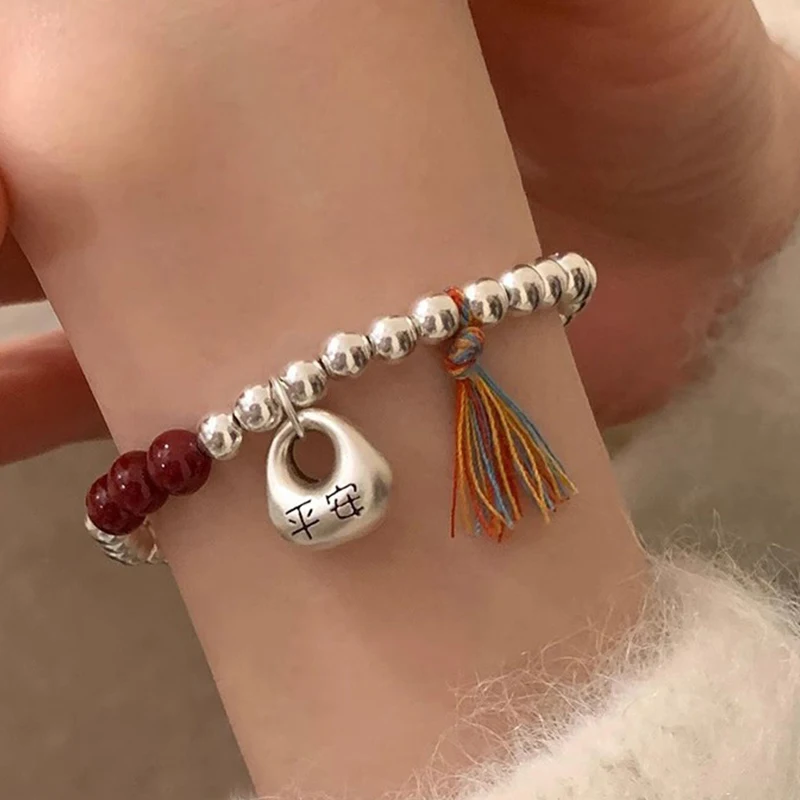 

VENTFILLE 925 Sterling Silve Asymmetric Red Agate Bracelet for Women Lock Tassels Bead Retro Ethnic Jewelry Gift Dropshipping