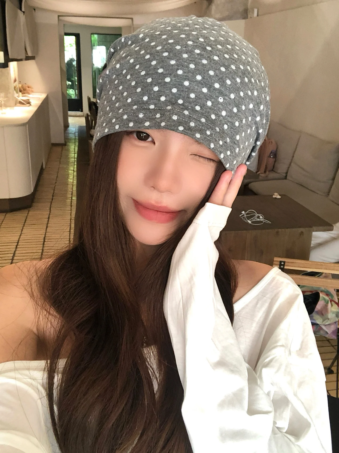 Summer Thin Polka Dot Women's Hat Lazy Style Fashionable Head Cover Cap round Top Non-Adjustable Foldable Spring Summer