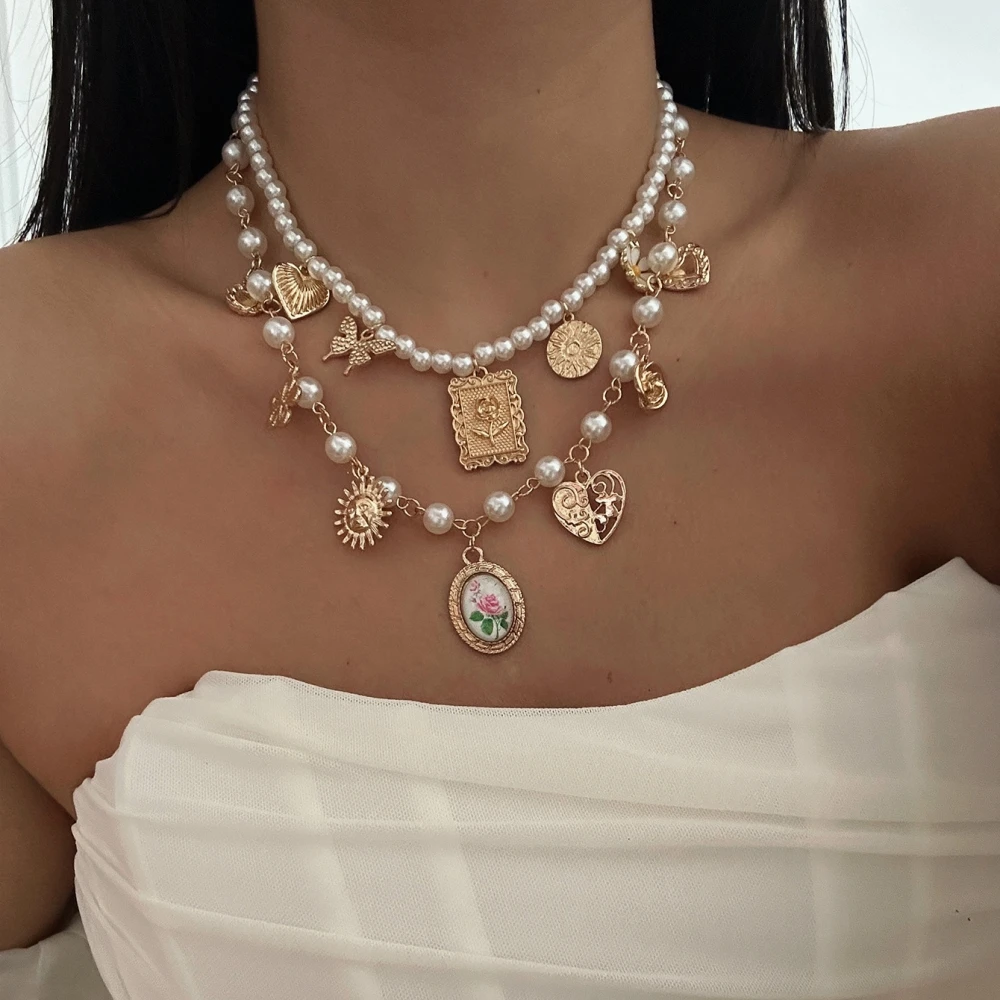 2026 القصر الفرنسي نمط الحب القلب فراشة زهرة عباد الشمس قلادة المرأة الرجعية تقليد اللؤلؤ المختنق قلادة مجوهرات #2