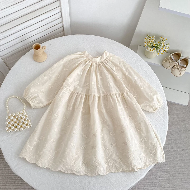 0-6Yrs Spitze Prinzessin Mädchen Kleid Gestickte Schleife Beige Baby Langarm Kleid Kleinkind Kleinkind Mädchen Kleidung Kinder Outfits Schwestern