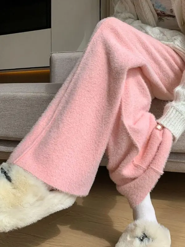 Pantalon à jambes larges tricoté en fourrure de vison Feng Shui paresseux, pantalons décontractés haut de gamme, pantalons de sol épais et chauds pour femmes, automne et hiver