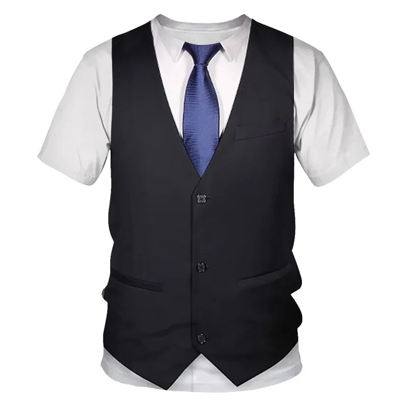 Summer Fashion Hip Hop Short Sleeve Street Personality Fake Vest O Neck Top Men's Funny Fake Suit Tuxedo Tie 3d Printed T-shirt