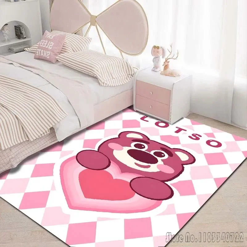 Karpet motif kartun Disney Lotso beruang, karpet untuk ruang tamu, Kamar tidur, keset lantai, dekorasi antiselip untuk dekorasi ruang anak perempuan, kamar merah muda