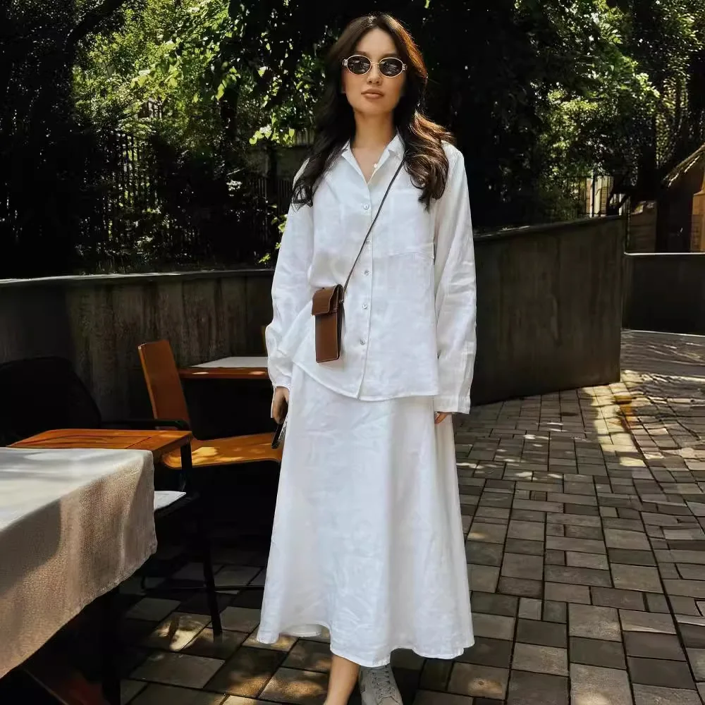 

Women 2 Piece Set Blouse Long Skirt Suit Pockets Single Breasted Top Muslim Arabic Skirts Outfits Morocco Dubai Casual Ensemble