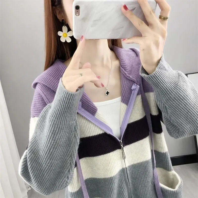 Повседневный свитер с капюшоном на молнии в ленивом стиле, женский вязаный свитер с цветными блоками, куртка