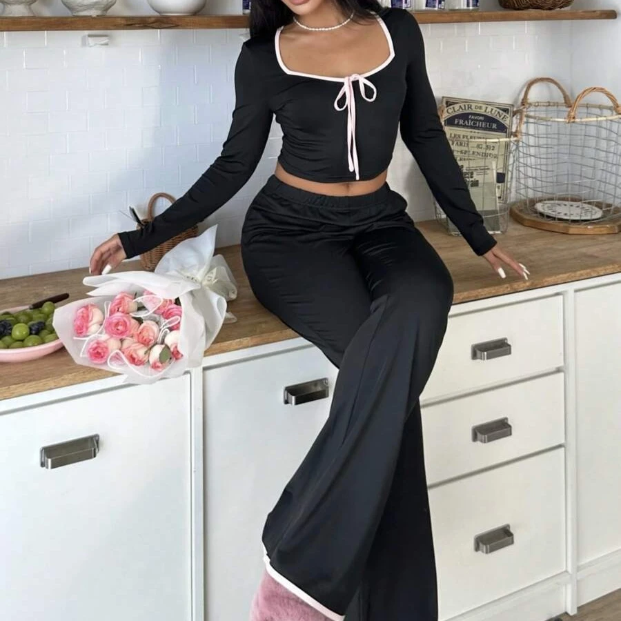 

Spring autumn Women Cardigan Sleepwear solid bow Trim Pajamas Set casual sexy crop Tops and Long Trousers Loungewear Nightwear