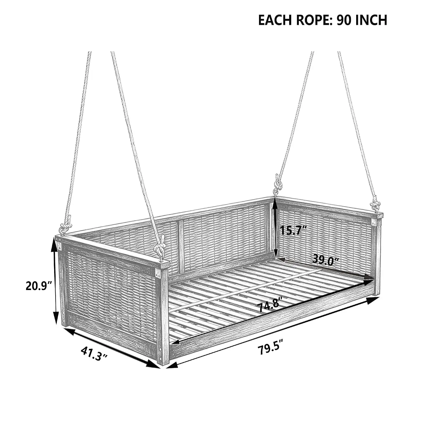Solid Wood Twin-Size Outdoor Swing Bed with Hanging Ropes 2