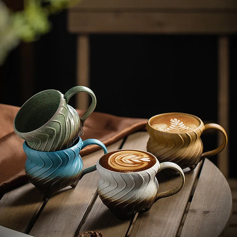 290ml Retro Ceramic Mug Creative Kiln Transforms into High Beauty Coffee Cup Premium Striped Milk Cup Personalized Couple Cup