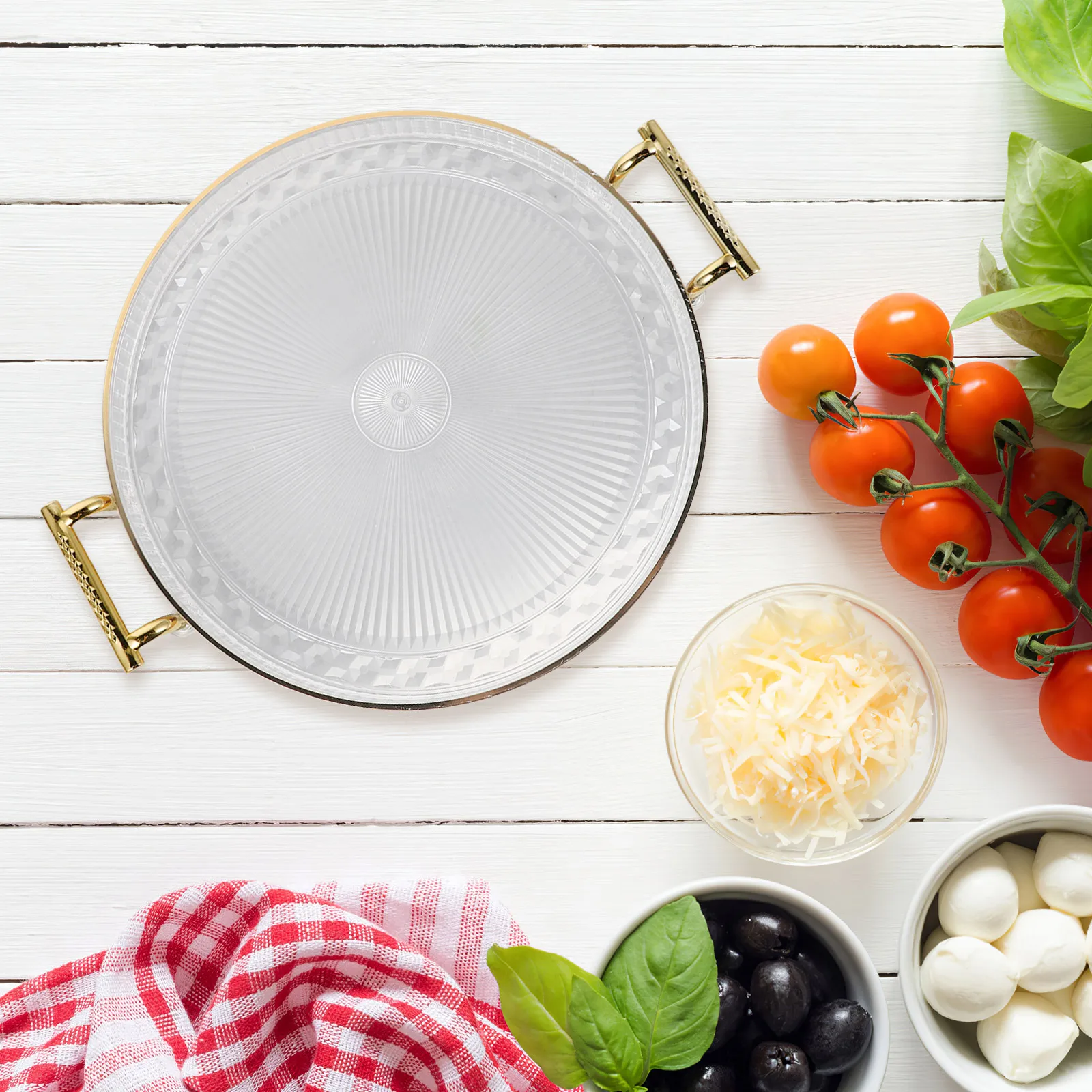 

Round Tray Clear Plastic Tea Decorative Light and Dessert Organizer