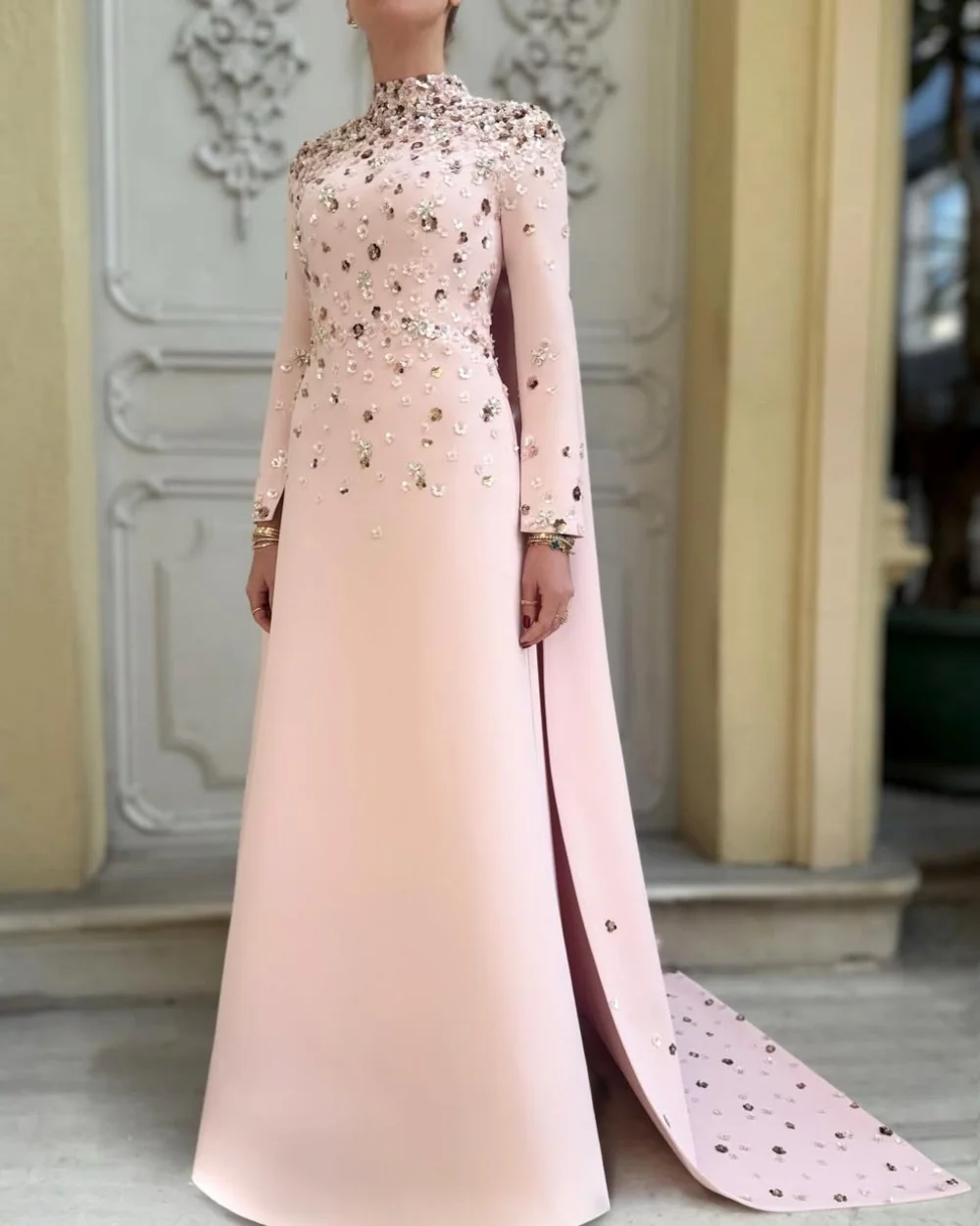 

Вечерние платья по индивидуальному заказу, женское платье для выпускного вечера с высоким воротником и стразами в Саудовской Аравии, современный стиль, вечернее платье трапециевидной формы с длинными рукавами