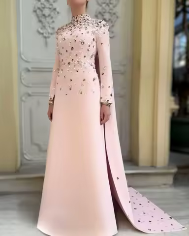 Customized Formal Evening Dresses Women High Collar Rhinestone Saudi Prom Dress Modern Style Long Sleeves A-line Party Dress