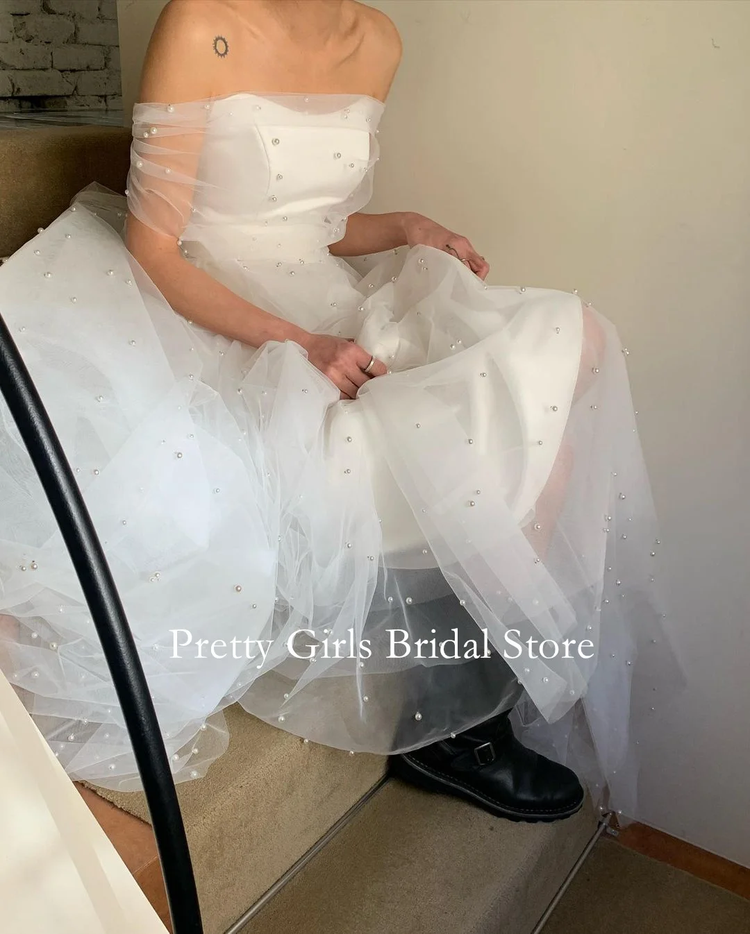 

OEING Korea Style Tulle Garden Elegant Off Shoulder Wedding Dresses A-Line 프롬드레스 Pearls White Elegant Bride Growns Party Women