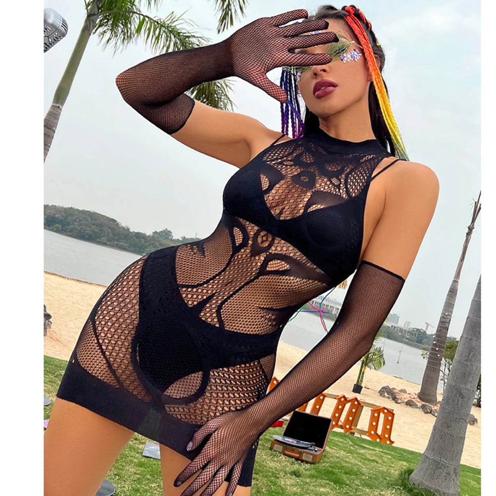 Women's Sexy Mesh Hollow Out See Through Net Skirt Erotic Fishnet Elasticity Bodycon Dress Ladies Mini Tights Lingerie Costumes